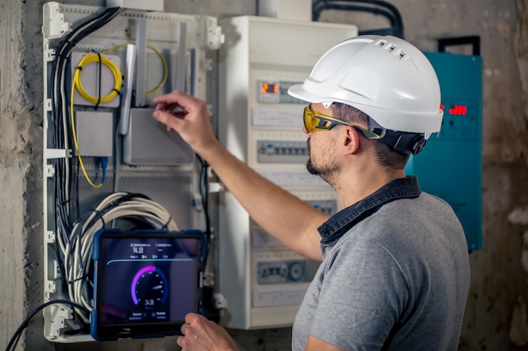 man-electrical-technician-working-switchboard-with-fuses-uses-tablet_169016-23792
