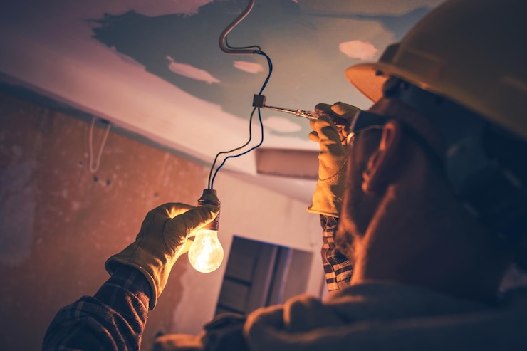 rear-view-electrician-repairing-light-bulb